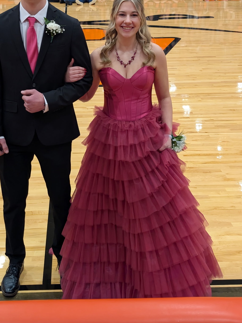 Sherri Hill Strapless Tiered Tulle Ball Gown In Wine